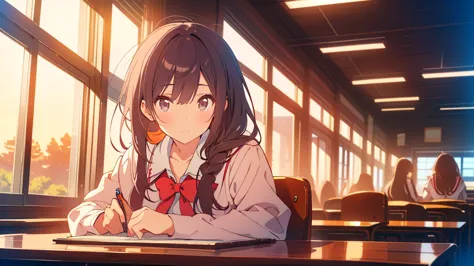 bangs, Long Hair, Hair above the eyes, Lost in Thought, Side Ponytail, Anime Style, 超High resolution, masterpiece, Textured skin...