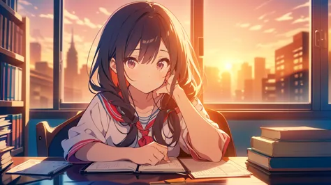 bangs, Long Hair, Hair above the eyes, Lost in Thought, Side Ponytail, Anime Style, 超High resolution, masterpiece, Textured skin...