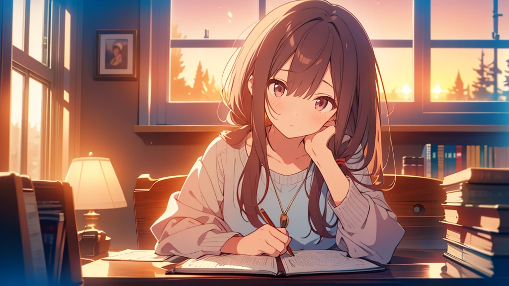 bangs, Long Hair, Hair above the eyes, Lost in Thought, Side Ponytail, Anime Style, 超High resolution, masterpiece, Textured skin, High resolution, Highest quality, A high school girl rests her chin on the desk while opening her notebook in the library, in the evening, Sunset shines through the window