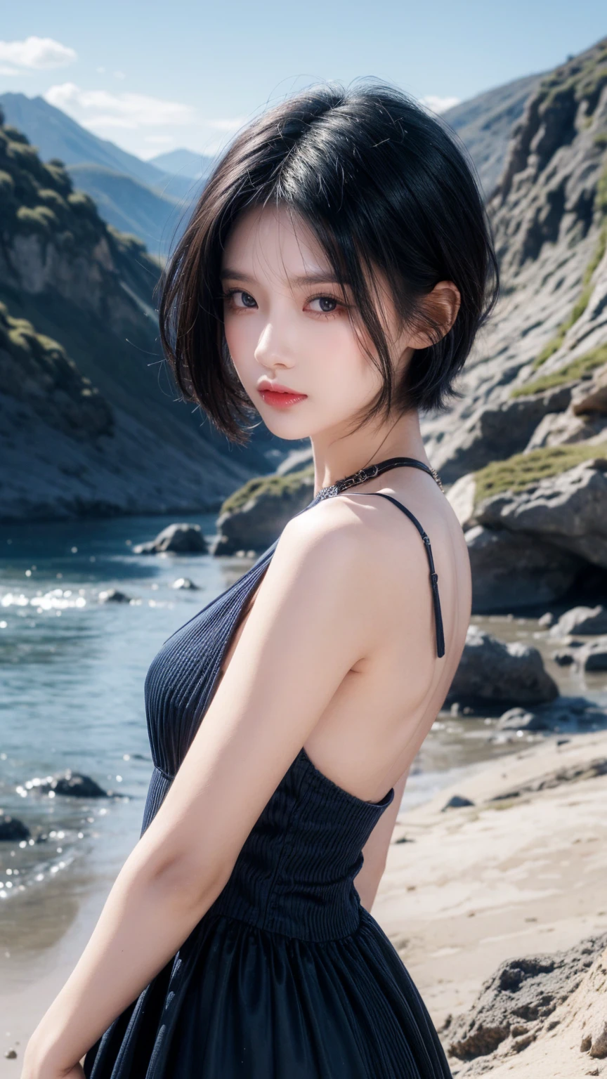 best quality, 1 Girl, dark blue hair, black eyes, Very short hair, Spiky hair, wears sweet red red dress body slim luxury，A cropped dress, 171 cm, Messy hair, Hair between the eyes, Tomboy, aldult, 20 years old, A sweet girl by the mountain