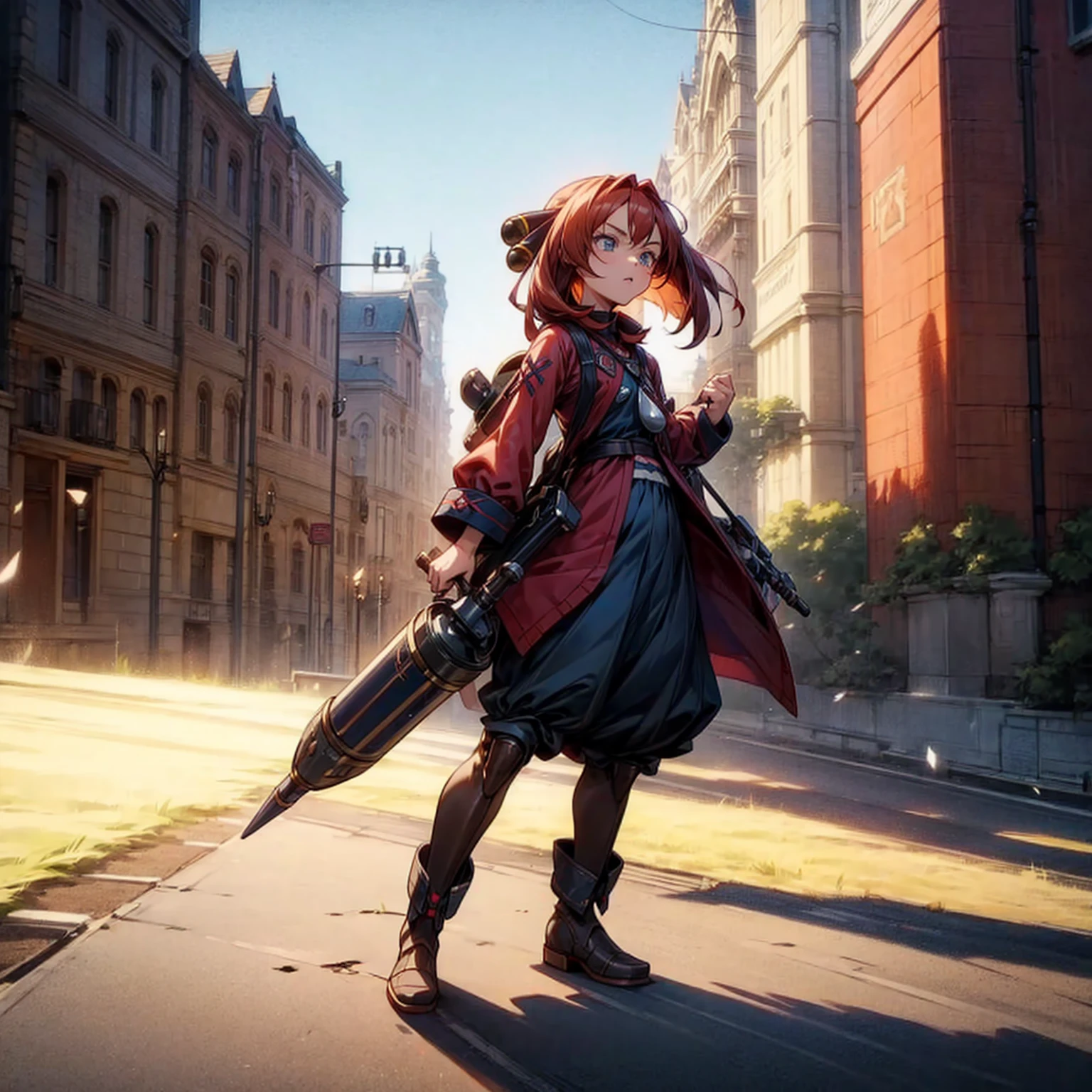 1small girl, full body version, 1character, blue eyes, dark red colour hair, long layers hairstyle, bohemian clothing style, long skirt, brown ransel, boots, Grassroots background in town, motion blur, shadow, robot weapon in hand, (Hunter x Hunter style art)