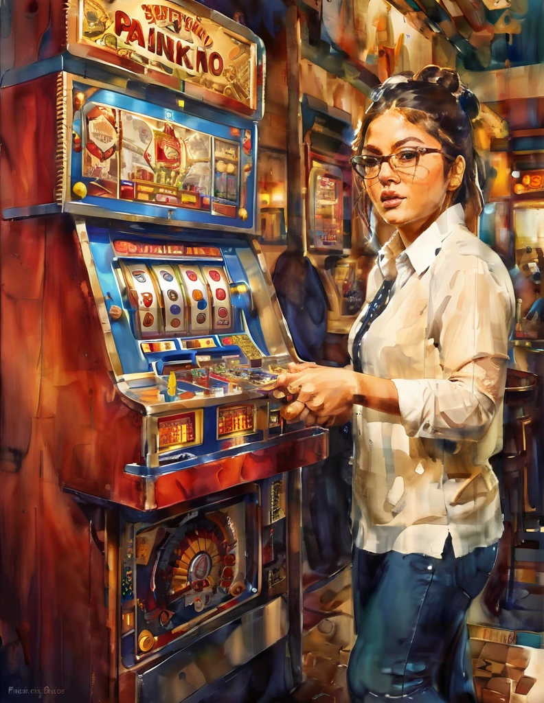 (Slot), (7), (Pachinko Parlor), (playing slot), (1 girl), (20s), (beautiful), (glasses), (multiple slot machines),(best quality:1.2),(master piece:1.2),(8k),(16k:1.2),(Illustration),(Best Quality:1.2), (Ultra-detailed:1.2),(top-quality:1.2),(​masterpiece:1.2)