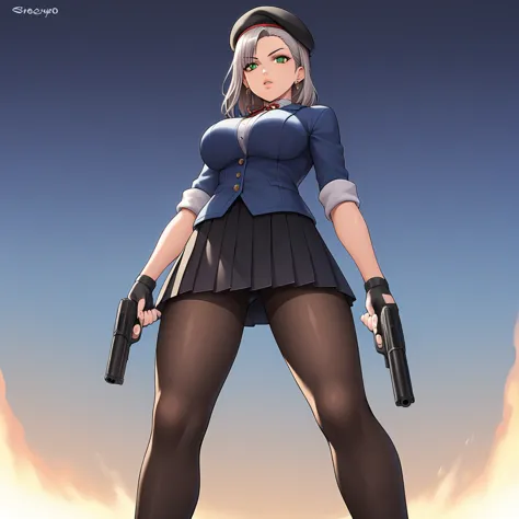 1girl, gatling_gun, solo, weapon, breasts, pantyhose, hat, green_eyes, high_heels, holding_weapon, holding, gun, skirt, standing...