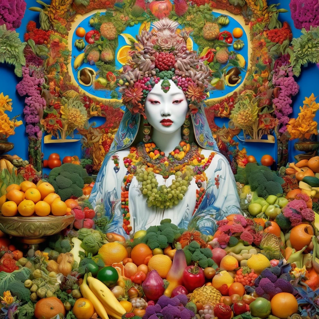 il y a une statue d&#39;une femme entourée de fruits et légumes, art numérique par David LaChapelle, tumblr, art psychédélique, david la chapelle, Raqib Shaw, fait de fleurs et de fruits, orientalisme sombre et vibrant, fait de fruits et de fleurs, James Jean et Fenghua Zhong, chef-d&#39;œuvre coloré complexe, sculpture très détaillée, chef-d&#39;œuvre complexe et coloré