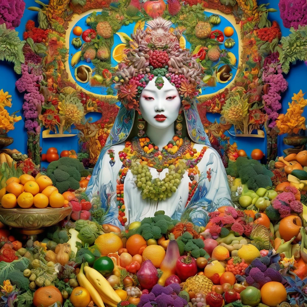 there is a statue of a woman surrounded by fruit and vegetables, digital art by David LaChapelle, tumblr, psychedelic art, david la chapelle, raqib shaw, made of flowers and fruit, grim vibrance orientalism, made of fruit and flowers, james jean and fenghua zhong, intricate colorful masterpiece, highly detailed sculpture, colorful intricate masterpiece