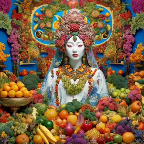 there is a statue of a woman surrounded by fruit and vegetables, digital art by David LaChapelle, tumblr, psychedelic art, david...