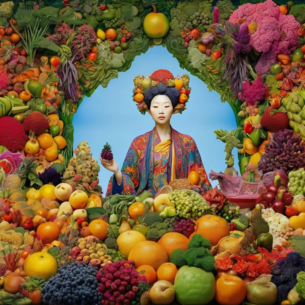 有一個女人的雕像，周圍環繞著水果和蔬菜, 大衛拉切貝爾的數位藝術, 豆瓣, 迷幻藝術, 大卫·拉·夏佩尔, 拉奇布·肖, 由鮮花和水果製成, 冷酷的活力東方主義, 由水果和鮮花製成, james jean and fenghua zhong, 錯綜複雜的多彩傑作, 高度細緻的雕塑, 色彩繽紛的複雜傑作