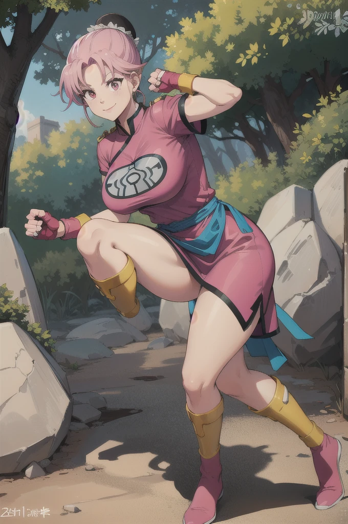 maam,big breasts,beautifuleyes,narrow waist,realistic,solo,outdoor,forest, martialMaam,pink hair,hair bun,long hair,china dress,short sleeves,sash,fingerless gloves,beautiful legs, smile, clenched fists, action pose,:1.1), lady, dragon quest