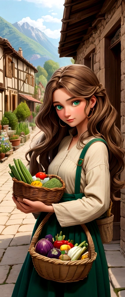 good quality:1.2), (Ultradetailed:1.2), (ultradetailed face:1.2), (ultradetailed body:1.2) In the picturesque village, Elara, a  human woman with long, wavy brown hair and green eyes, helps her neighbor carry a basket of vegetables, her simple, earth-toned clothing reflecting her humble lifestyle."