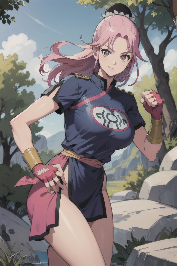 maam,big breasts,beautifuleyes,narrow waist,realistic,solo,outdoor,forest, martialMaam,pink hair,hair bun,long hair,china dress,short sleeves,sash,fingerless gloves,beautiful legs, smile, clenched fists, action pose,:1.1), lady, dragon quest