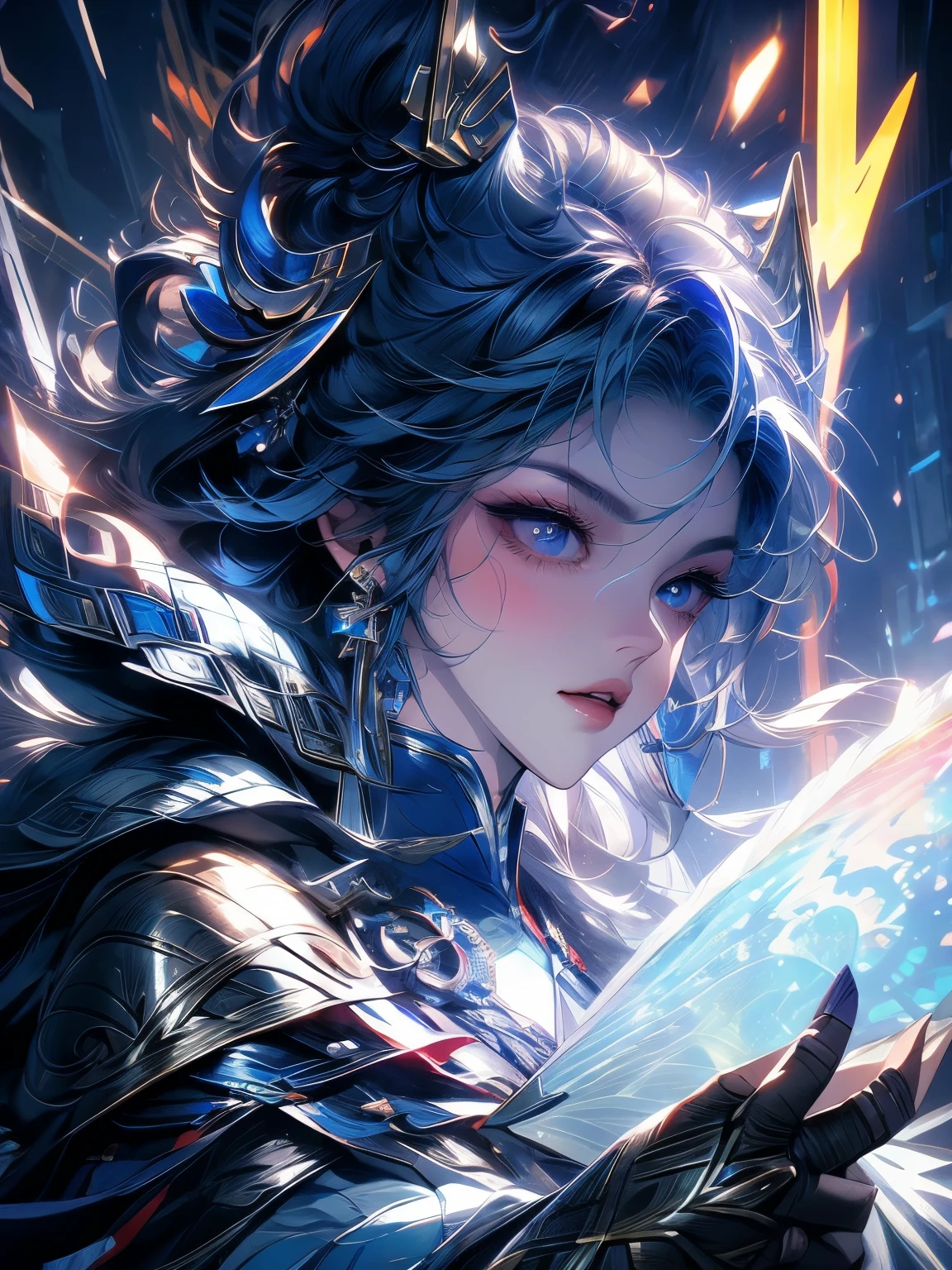 Close up of woman in silver and blue dress, Pan Chengwei on artstation, author：Yang J, Detailed fantasy art, Stunning character art, Fan Art Best Artstation, Epic and beautiful character art, Beautiful armor, Extremely detailed Artgerm, Detailed digital anime art, artstation pixiv like artgerm, Armor Girl