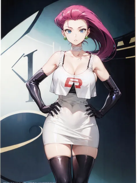 Jessie Pokemon, jewelry, Official Art,(Team Rocket:1.3, Black arm guard, Black knee-high socks, White Skirt, white crop shirt) ,...