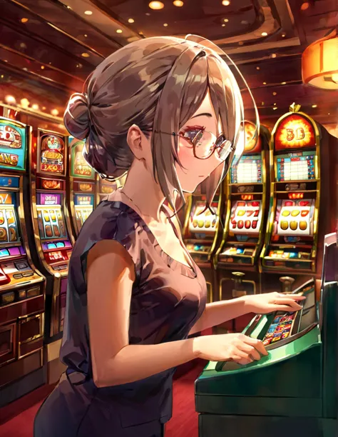 (Slot), (7), (Pachinko Parlor), (playing slot), (1 girl), (20s), (beautiful), (glasses), (multiple slot machines),(best quality:...