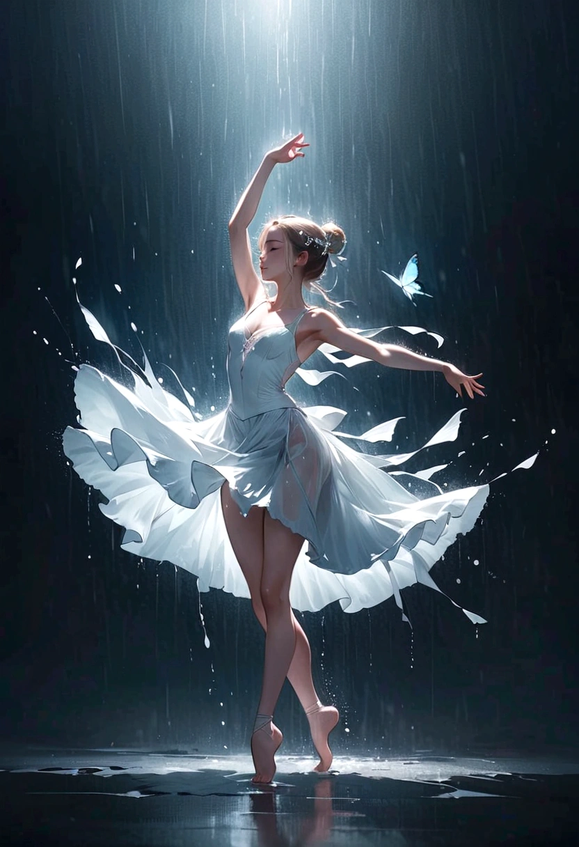 ,靈魂舞者在雨中獨自跳舞，赤腳，寬鬆且破舊的衣服，專業芭蕾舞動作，指尖1隻蝴蝶，很有感染力，濺，光與影，極簡主義，意境，乾淨的背景