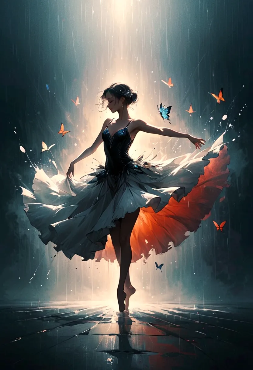 ,The soul dancer dancing alone in the rain，Barefoot，Loose and worn clothes，Professional ballet movements，Fingertips 1 butterfly，...