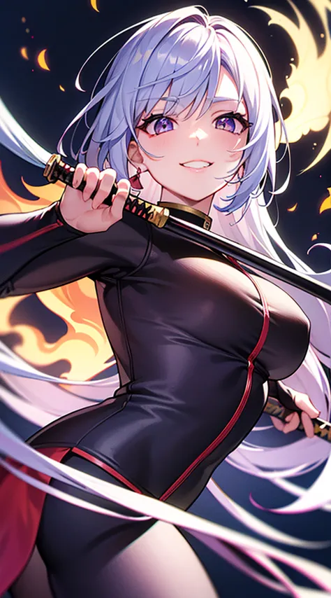 better hands, better fingers, ultra detailed face, perfect smile, five fingers, perfect hands holding a katana, flame blade, cab...
