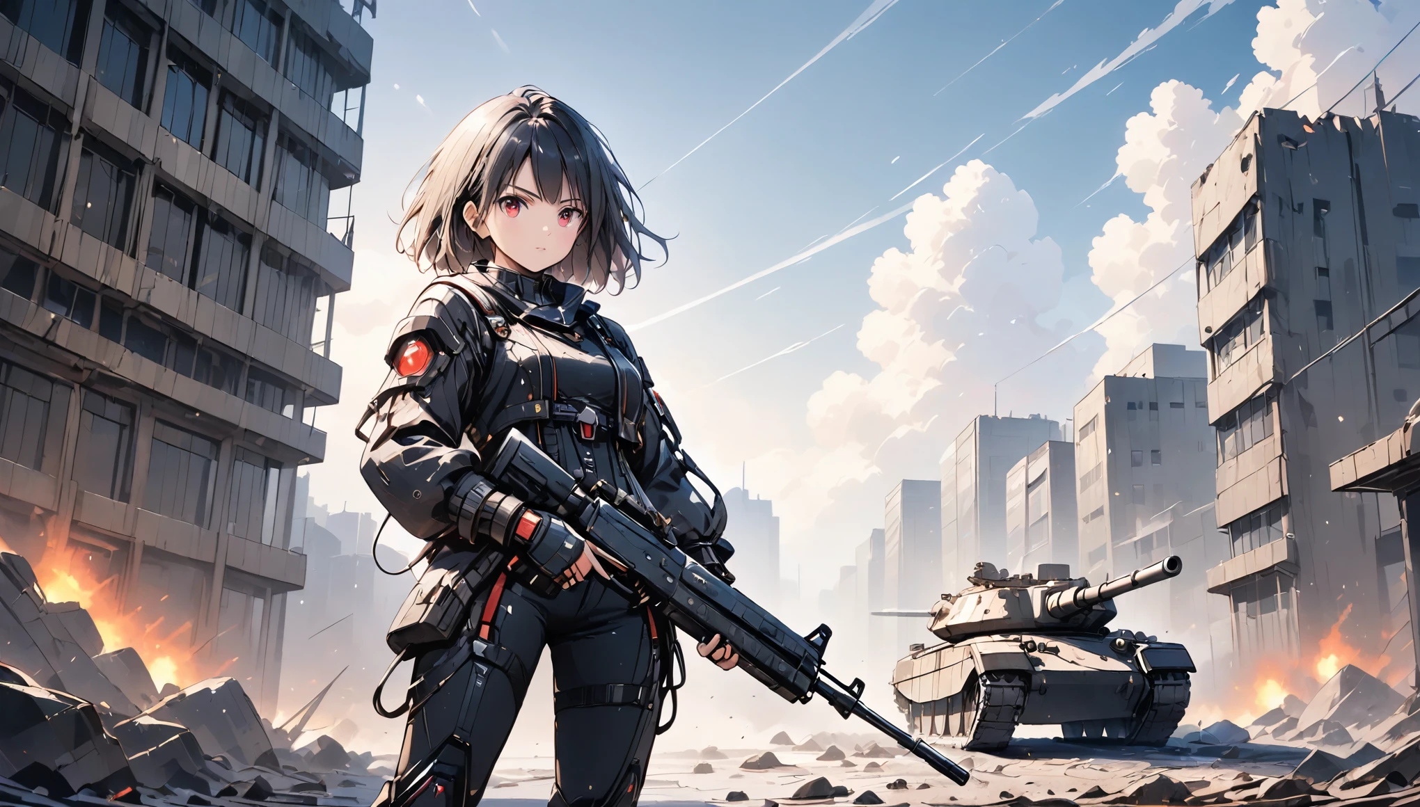 (anime style:1.4),(Detailed depiction of faces),超High resolution, Attention to detail, high quality, High resolution, 最high quality, 4K, 8K,A young female warrior in a high-tech black powered exosuit with glowing red LED accents, standing on rubble in a post-apocalyptic setting, photorealistic anime style, short black bob hairstyle, glowing red eyes, holding a rifle in one hand, ((wearing a tattered, billowing robe that is heavily damaged and frayed)), confident and fierce expression,(cute),((in the background a damaged and smoking military tank))