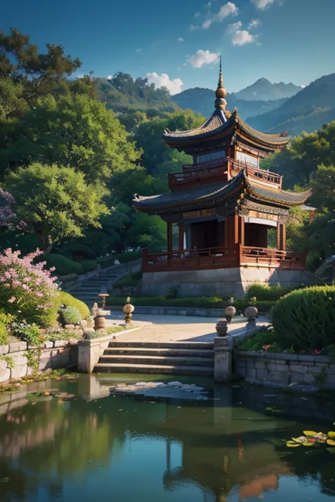 a beautiful detailed peach blossom garden in ancient china, lush peach trees in full bloom, intricate stone bridges, serene pond...