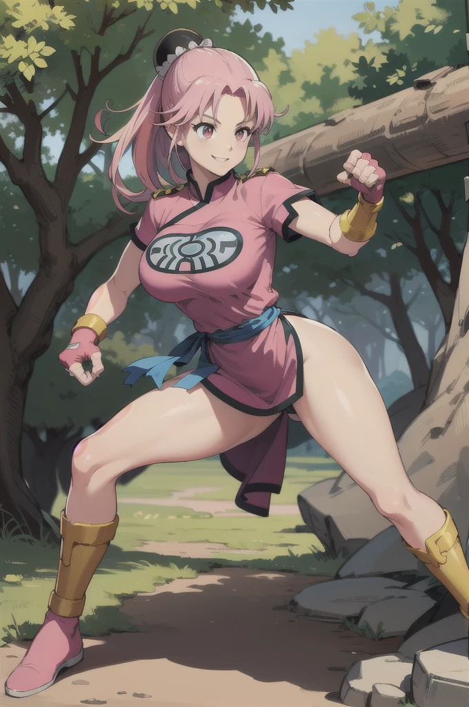 maam,big breasts,beautifuleyes,narrow waist,realistic,solo,outdoor,forest, martialMaam,pink hair,hair bun,long hair,china dress,short sleeves,sash,fingerless gloves,beautiful legs, smile, clenched fists, action pose,:1.1), lady, dragon quest