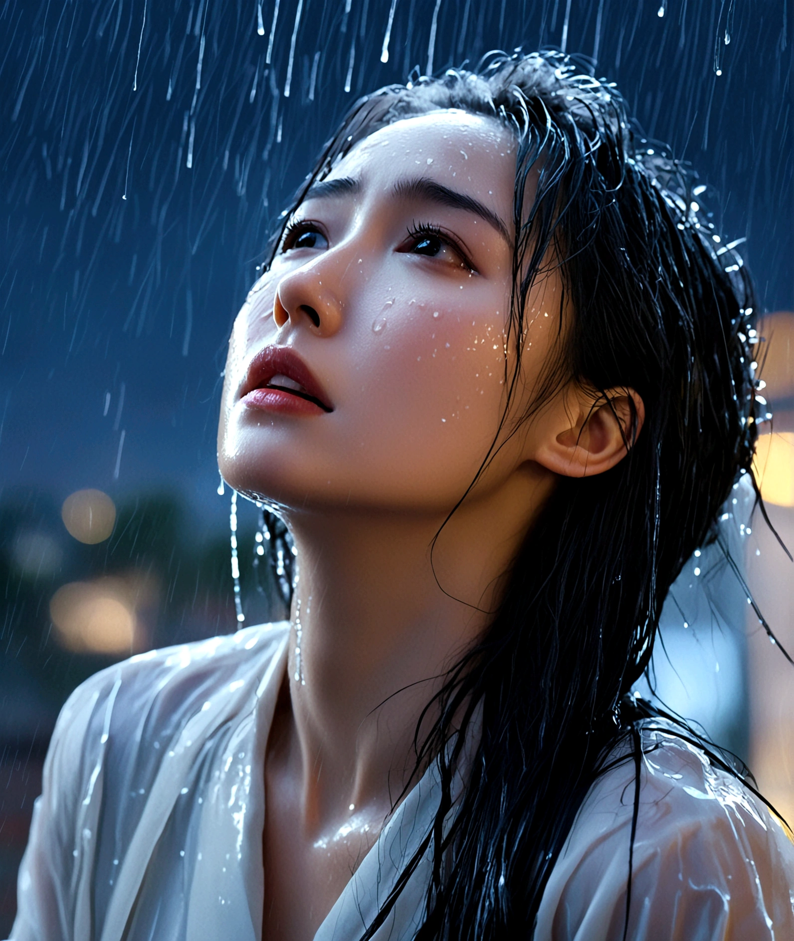 historical fantasy, ultra high res, 1girl, aesthetic, tearful face, refined and daunting, heavy breathing, night view, rain, upper body, wet, Looking up at the sky, Tears streaming down