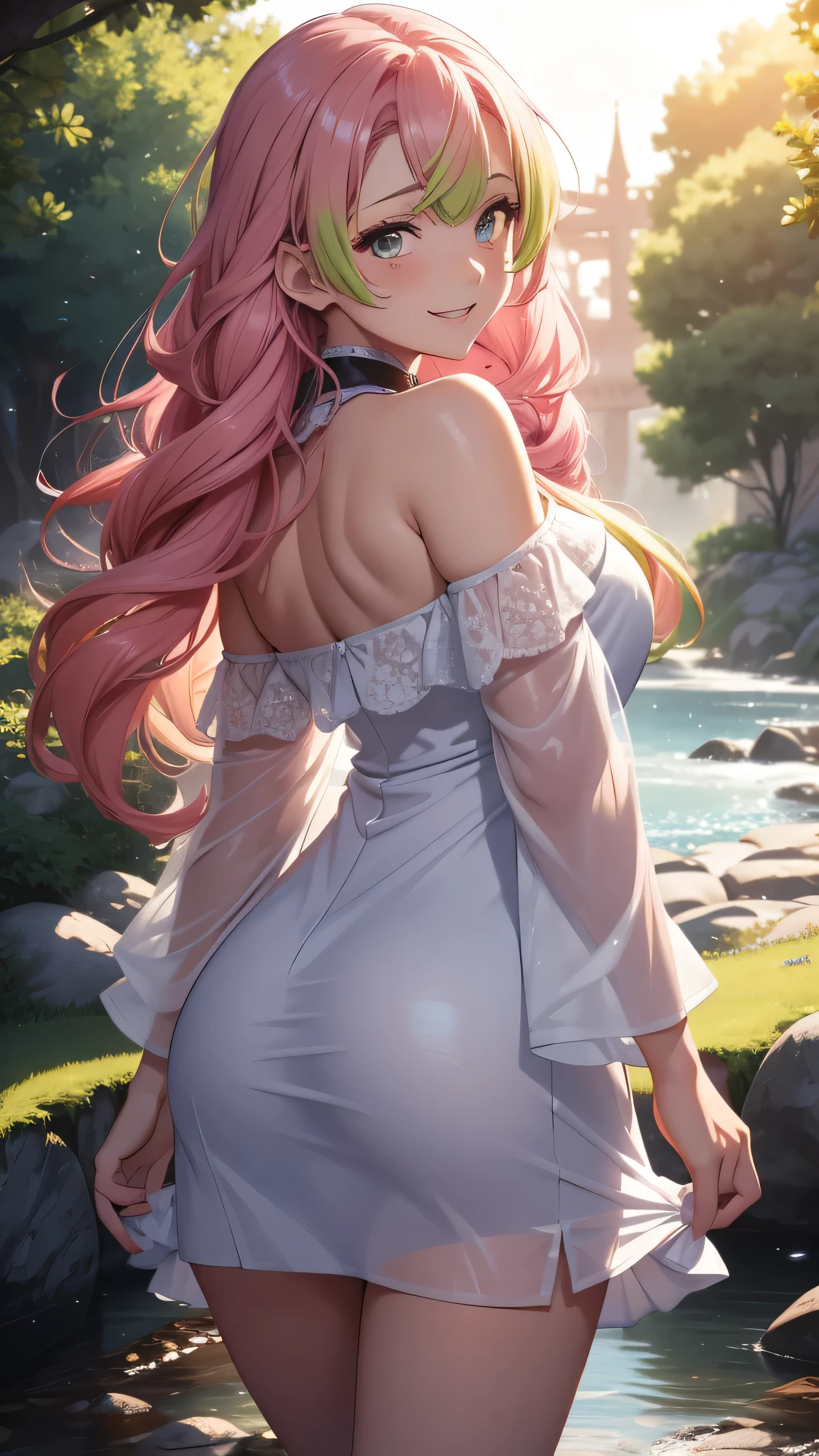 "Extremely detailed CG Unity 8K wallpapers，kanjiro mitsuri，photograph from behind, tight dress, focus on ass, masterpiece，outdoors，charming，best picture quality，Volumetric light，Pink hair，Face turned red，Smile，Off the shoulder dress，Bangs cover one eye，looking at camera