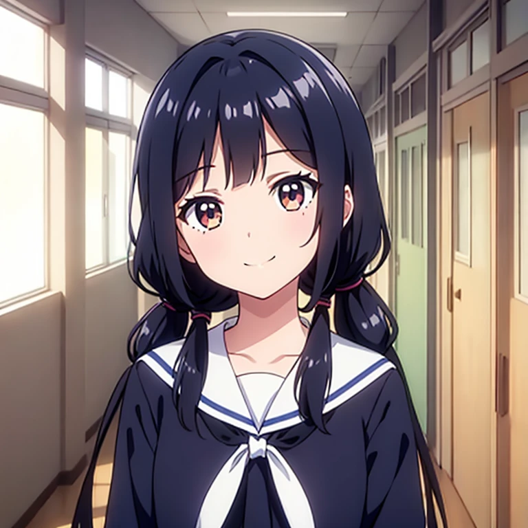 1fille, debout, Doux sourire, 15 ans, inclinaison de la tête,
(twintails bas), nattes basses, cheveux noirs, cheveux très longs,
couloir d&#39;école,
(twintails bas girl), nattes basses, cheveux noirs, cheveux très longs,
manches longues, serafuku bleu marine avec ruban bleu,
(yeux marrons),
après-midi,
de face,
animé, Haute luminosité, Visage détaillé, yeux détaillés,
Haute qualité, ultra détaillé, chef-d&#39;œuvre, FHD