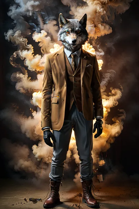 so you can edit it later、an anthropomorphic wolf wearing a brown suit with a space above him is emitting mysterious smoke from a...