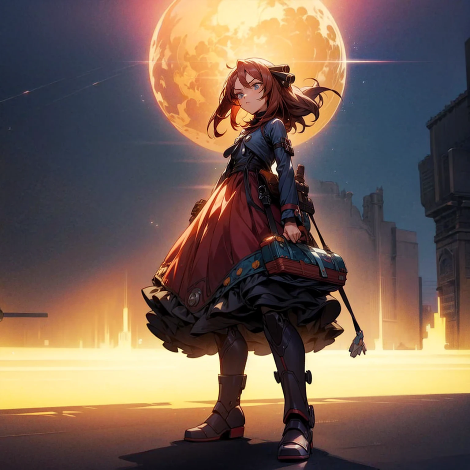 1small girl, full body version, 1character, blue eyes, dark red colour hair, long layers hairstyle, bohemian clothing style, long skirt, brown ransel, boots, Grassroots background in town, motion blur, shadow, big robot weapon in hand, battle gesture, lighting weapon, (Hunter x Hunter style art)