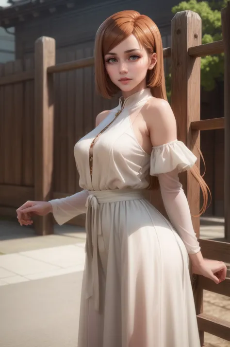nobara kugisaki with brown hair and a white dress posing in front of a fence, beautiful alluring anime woman, seductive anime gi...