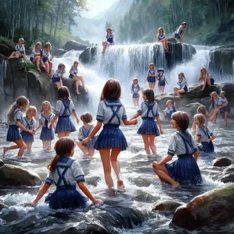 realistic watercolor painting world。15 russian schoolgirls wear school swimsuits at a mountain waterfall、playing in the water so...