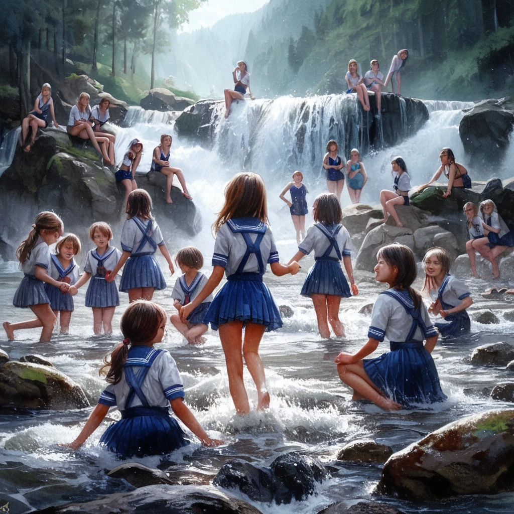 Realistic watercolor painting world。15 Russian schoolgirls wear school swimsuits at a mountain waterfall、Playing in the water so much that you can see all of your legs。Let it be a sublime painting that exudes a sense of happiness.。