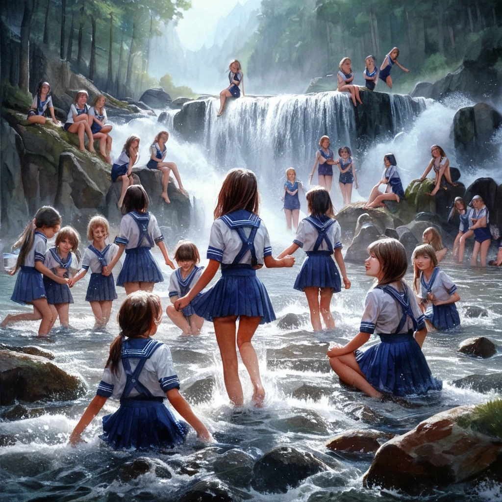 Realistic watercolor painting world。15 Russian schoolgirls wear school swimsuits at a mountain waterfall、Playing in the water so much that you can see all of your legs。Let it be a sublime painting that exudes a sense of happiness.。