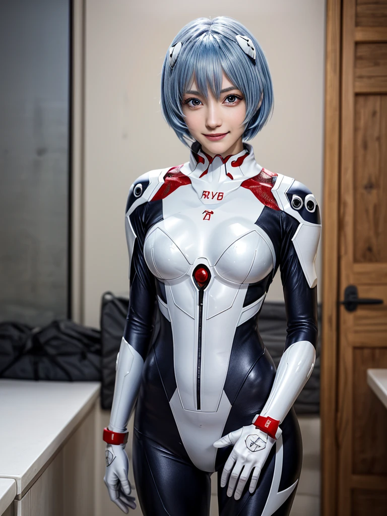 Masterpiece, highest quality, 8K, detailed skin texture, fine cloth texture, beautiful detailed face, intricate details, super detailed, portrait of Rei Ayanami, blue hair, red eyes, looking far away, no background, Evangelion Wearing a plug suit when riding, plug suit, whole body visible, standing, arms crossed, 15 years old, beautiful, cute, great style, smiling,composition that shows the whole body,