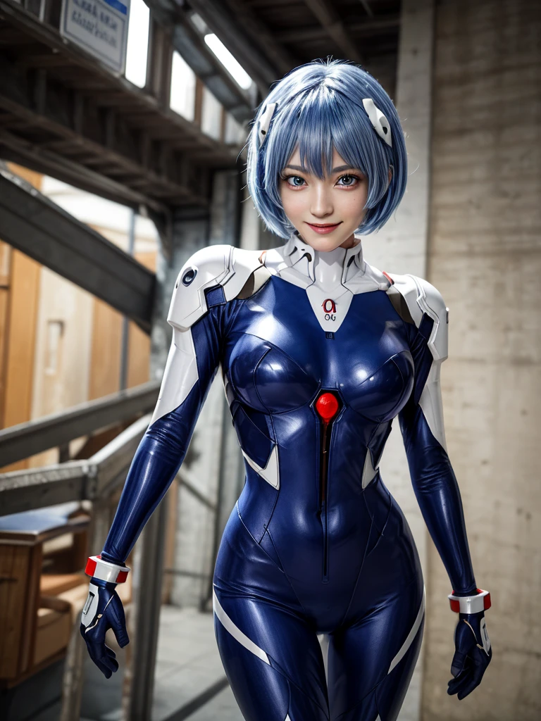 Masterpiece, highest quality, 8K, detailed skin texture, fine cloth texture, beautiful detailed face, intricate details, super detailed, portrait of Rei Ayanami, blue hair, red eyes, looking far away, no background, Evangelion Wearing a plug suit when riding, plug suit, whole body visible, standing, arms crossed, 15 years old, beautiful, cute, great style, smiling,composition that shows the whole body,