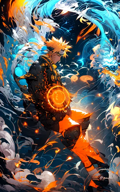 neon street lights, bright neon lights,uzumaki naruto from naruto manga wearing tangerine hanbok,intervene, mechanical armor, me...