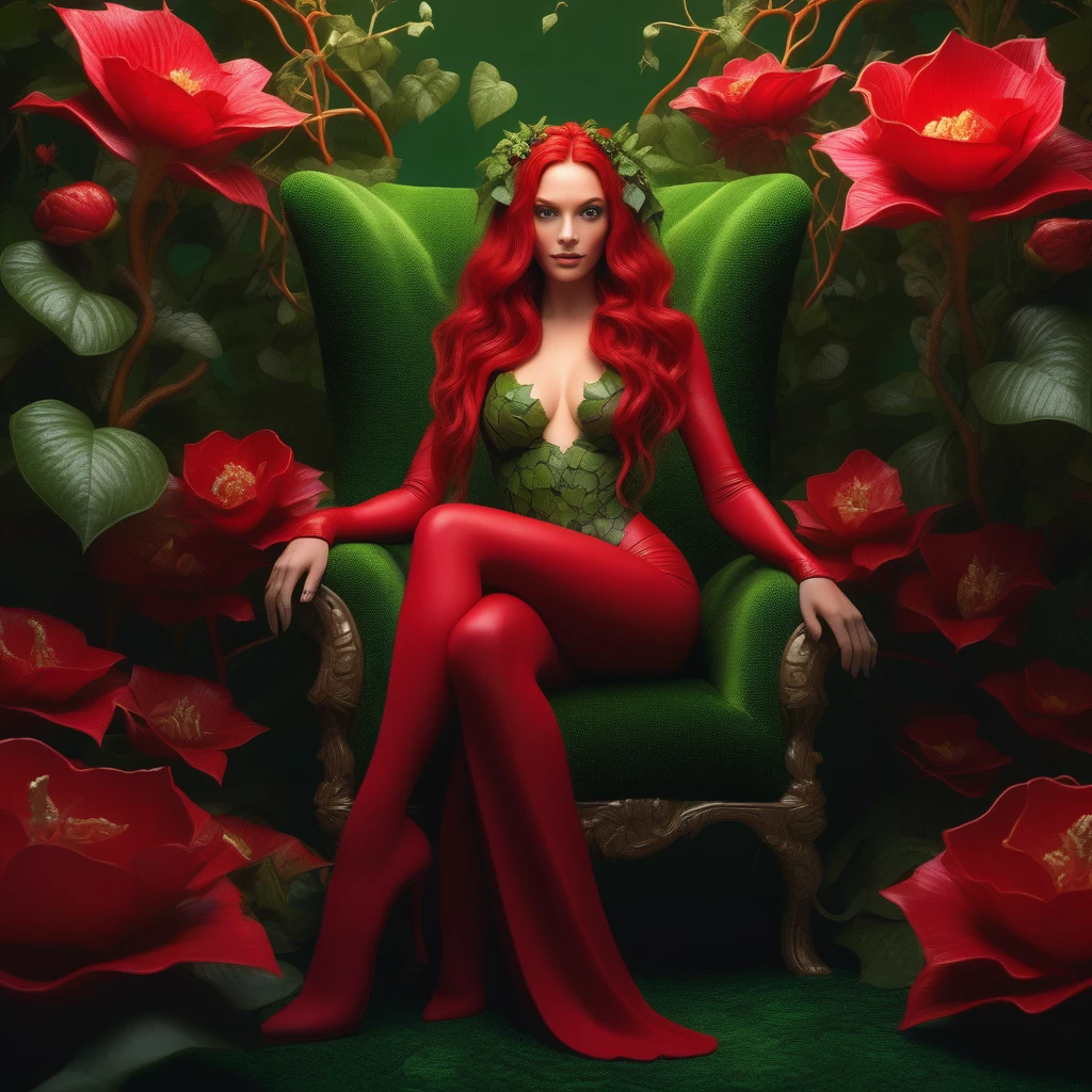 Ultra realistic extremely beautifully detailed 8k picture of 1 gorgeously cute and cool woman uma poison ivy with big wavy hair pulled back into tall two curly hair buns sitting in giant Venus flower throne bed. , Red outfit lingerie robe, extremely detailed eyes mouth and facial features, gorgeous breathtaking composition and epic cinematic lighting