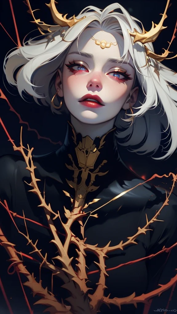 elegant woman with platinum blonde hime haircut, beautiful detailed blue and red eyes, luscious lips, black nails, coiled black barbed wires, gold aura, high quality, 8k, hyper detailed, photorealistic