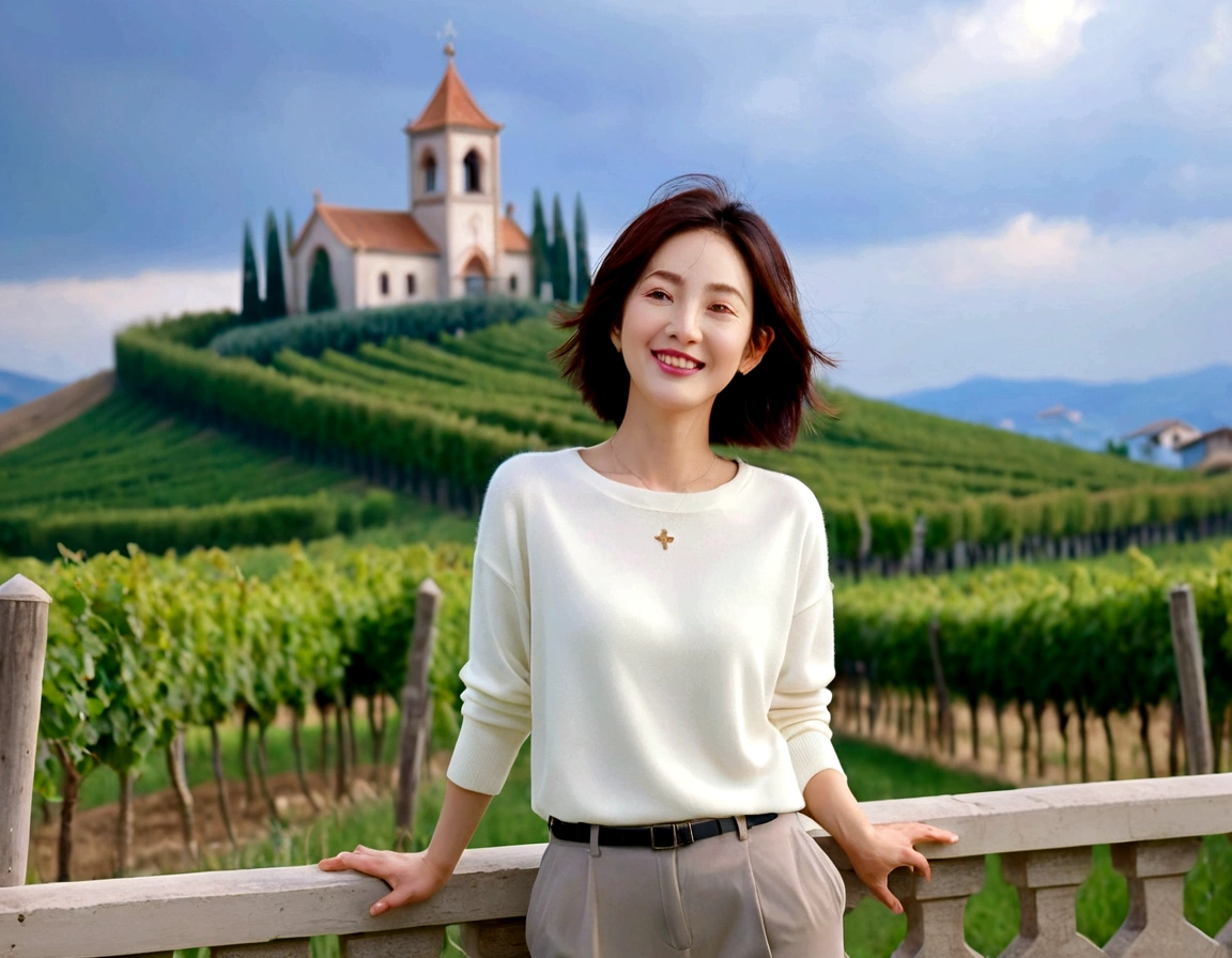 k Best picture quality, Beautiful 36-year-old Korean woman, short and nice weather. Chest size 34 inches, Dense fog at dawn in the Italian countryside, past the vineyard, The cathedral can be seen in the fog on a hill in the distance., The back background is realistic and vivid image quality, short medium hair blowing in the wind, Wear comfortable travel clothes and casual pants., Smile slightly. the background is clear, Short and slim Korean woman, stand far away, Photo taken with a wide-angle lens