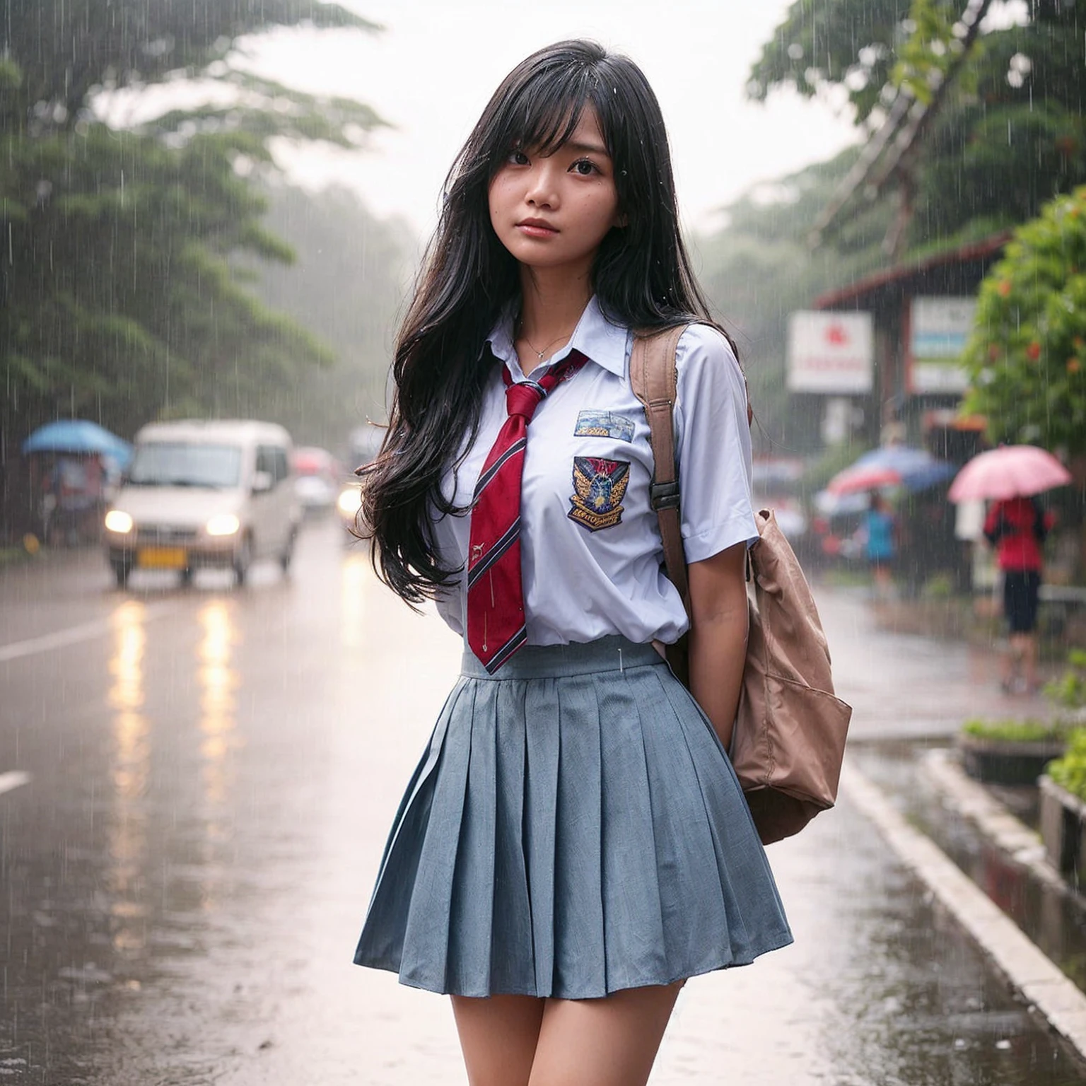 An Indonesian young woman wearing a high  is getting rained on. She is holding her skirt up high to keep it from getting wet. The background shows the side of the road in the late afternoon.