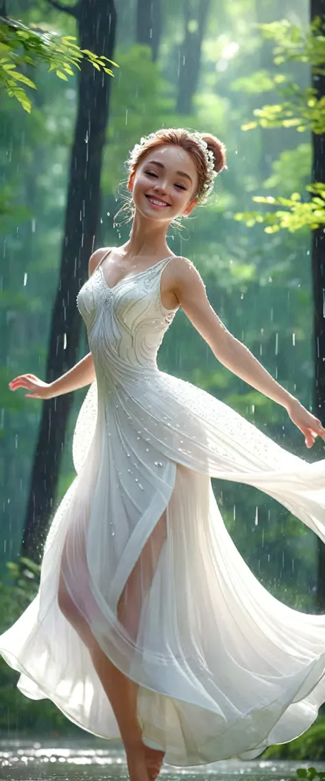 A lovely girl,Wearing a beautiful white dance dress.Swirling dance in rainy summer forest.Tilt your head and look at people with...