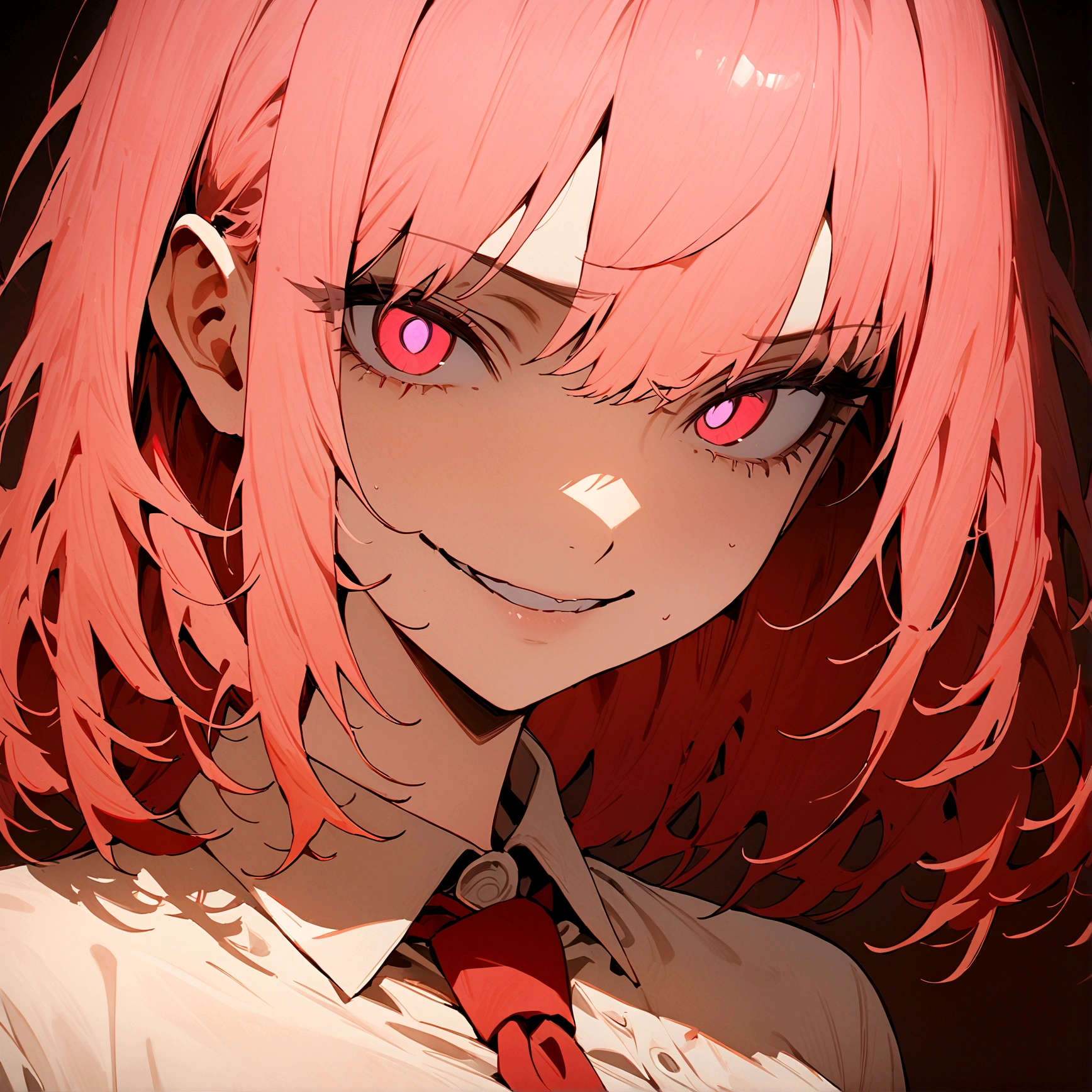 (Masterpiece:1.2, Best Quality), 1 woman, whole body, White shirt red tie, medium breasts, Casual, wide, minimal makeup, , pale,Natural fabrics, closeup face, evil smile, bright eyes circular pupils,8K high resolution, detailed lines, ((whole body))