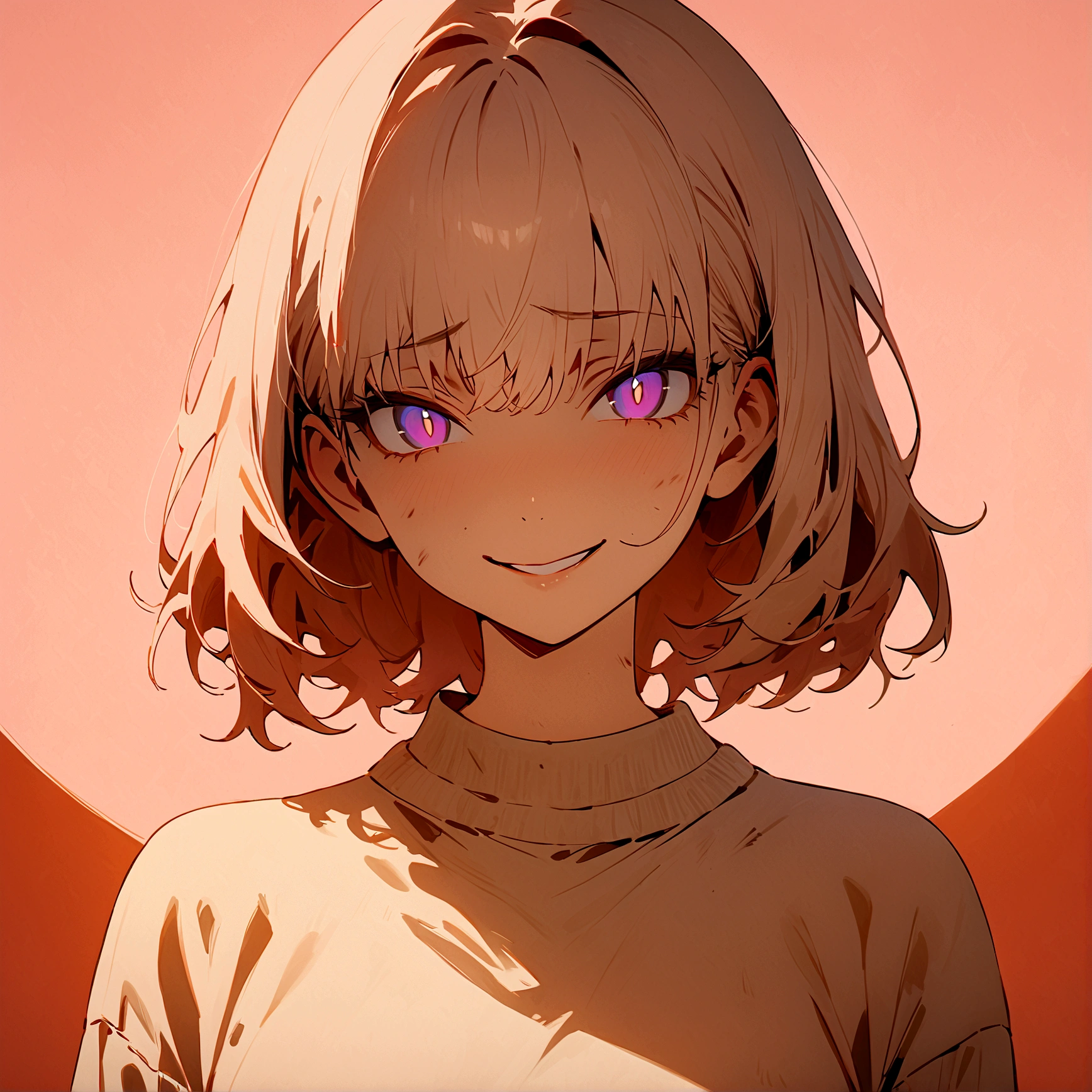 (Masterpiece:1.2, Best Quality), 1 beautiful woman, whole body, dirty white sweater, Casual, wide, minimal makeup, , pale,Natural fabrics, closeup face, evil smile, bright eyes circular pupils,8K high resolution, detailed lines, ((whole body))