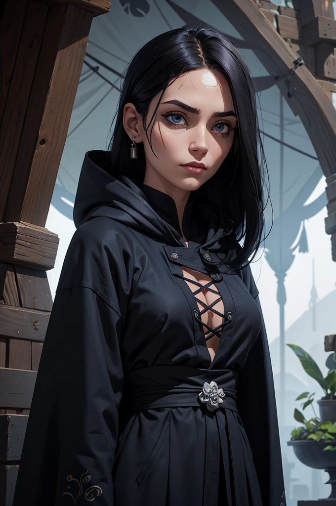 A girl with raven-black hair, long in the front and medium-short in the back. She pins a strand of hair on the left side behind her ear with a discreet hairpin.
Her eyes are a deep, piercing blue, often reflecting an unyielding determination. Her skin is pale, giving her an almost ethereal appearance, which contrasts sharply with her dark hair.
She stands at approximately 1.73 meters, giving her a notable presence among her peers. She wears the traditional Demon Slayer uniform, complemented by a black haori adorned with blue petal motifs, symbolizing both delicacy and strength. Over this, she wears a long hooded coat, adding a touch of mystery to her appearance.
To cover her face, she uses a clay mask representing the sin of pride. The lower part of her face is wrapped in bandages, hiding scars.