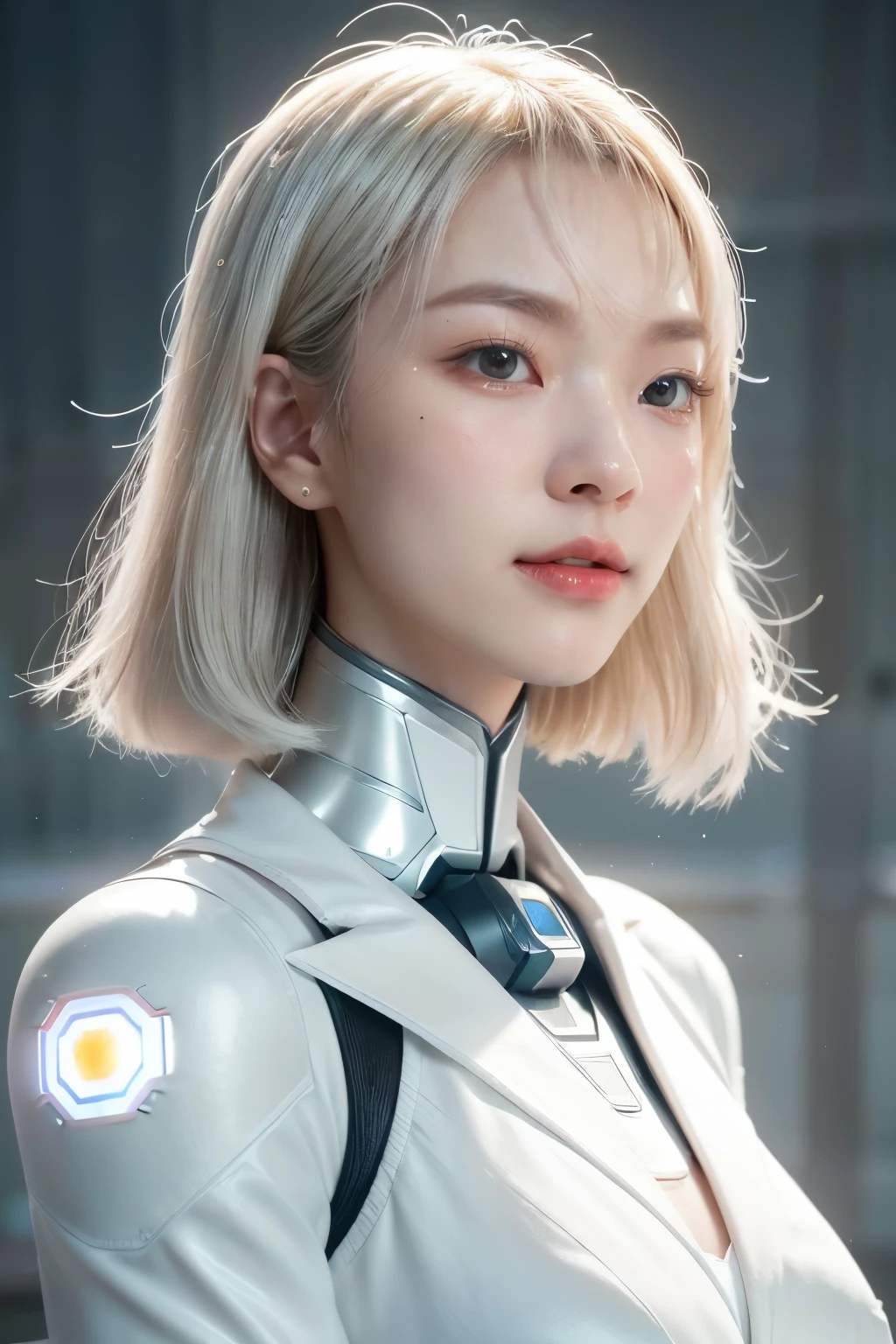 《The role of artificial intelligence》。（（（Virtual character design：Psychological counselor。miss，20 years old，white short hair，Exquisite facial features，beautiful make up，Skin details，Smile）））。（（white suit））。((Super realistic details))。 illumination, light and shadow, octane rendering, 8k, super sharp,complicated, Accessory details,atmosphere