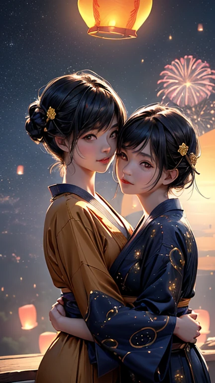 nsfw, Masterpiece, top quality, highly detailed, (Photorealistic style:1.4), Chiaroscuro style, backlighting, 2 girls, A lesbian couple in yukata, (Hug from behind, and put hand on bust, bust shot:1.6), looking at the camera with a smile, A close-up of their beautiful faces, (Lots of fireworks all over the sky, Many Lanterns floating in the sky, big shining milky way:1.4),