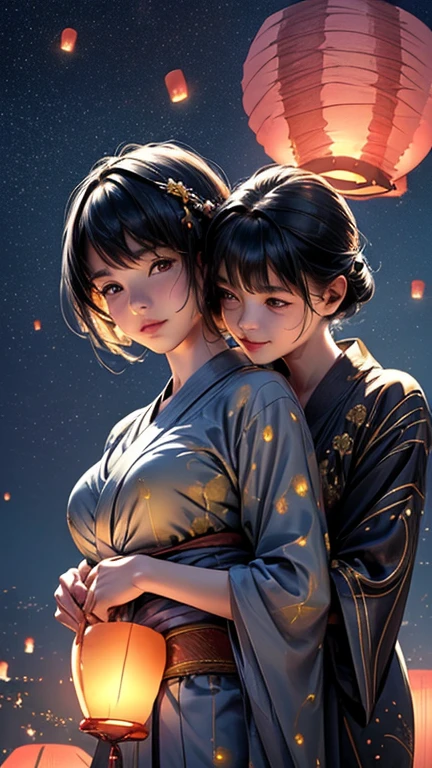 nsfw, Masterpiece, top quality, highly detailed, (Photorealistic style:1.4), Chiaroscuro style, backlighting, 2 girls, A lesbian couple in yukata, (Hug from behind, and put hand on bust, bust shot:1.6), looking at the camera with a smile, A close-up of their beautiful faces, (Lots of fireworks all over the sky, Many Lanterns floating in the sky, big shining milky way:1.4),