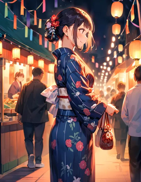 A young woman is waiting for her boyfriend at a Tanabata festival. It is nighttime, and she is standing under beautifully lit ba...