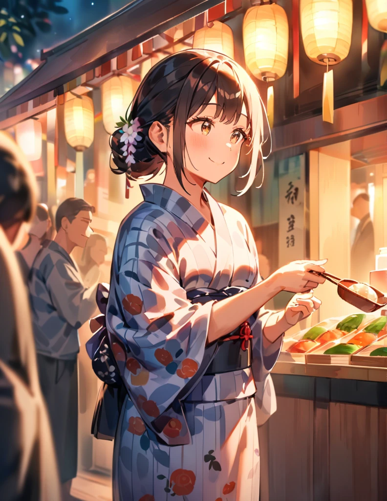 A young woman is waiting for her boyfriend at a Tanabata festival. It is nighttime, and she is standing under beautifully lit bamboo decorations and colorful streamers. The atmosphere is festive with lanterns, stalls selling traditional foods, and people wearing yukatas. The woman is wearing a yukata, holding a small purse, and looking around with a smile, anticipating their festival date.
