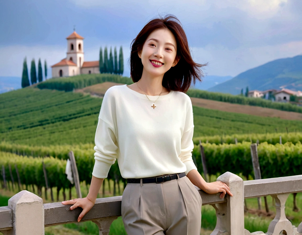 k Best picture quality, Beautiful 36-year-old Korean woman, short and nice weather. Chest size 34 inches, Dense fog at dawn in the Italian countryside, past the vineyard, The cathedral can be seen in the fog on a hill in the distance., The back background is realistic and vivid image quality, short medium hair blowing in the wind, Wear comfortable travel clothes and casual pants., Smile slightly. the background is clear, Short and slim Korean woman, stand far away, Photo taken with a wide-angle lens