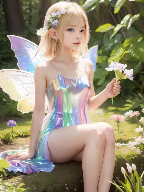 (A shining blonde fairy sitting on a flower (Elf)), Surrounded by colorful flowers, ((A girl with a pair of beautiful, transpare...